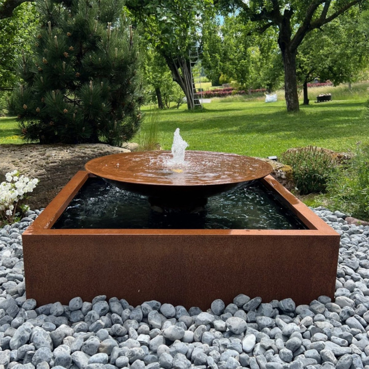 Cortenstahl Wasserschale 100 mit Fontäne Edelrost Springbrunnen Gartenbrunnen