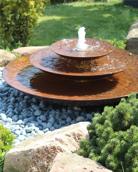Cortenstahl Wasserschalen Kaskade Trio Ø150cm mit Fontäne Edelrost Springbrunnen Komplettset