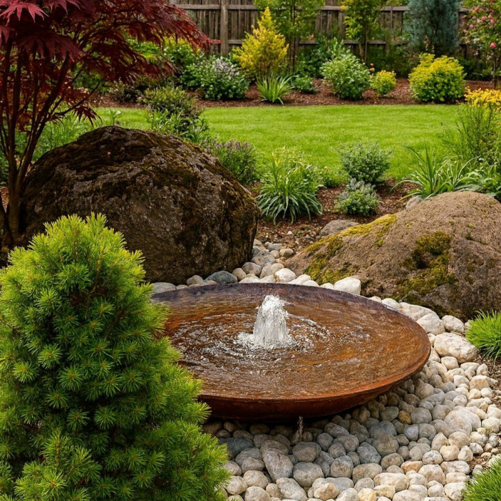 Cortenstahl Wasserschale 80 mit Sprudelquelle Edelrost Gartenbrunnen Komplettset