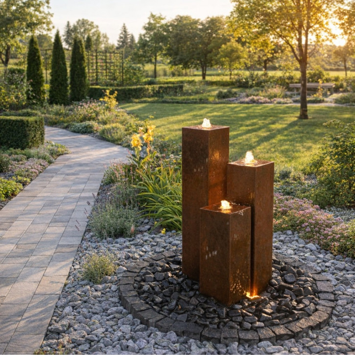 Cortenstahl Säulen Trio 100/20 Edelrost Gartenbrunnen Springbrunnen Komplettset
