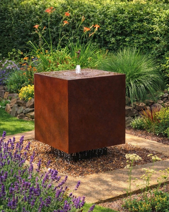 Cortenstahl Würfel 80 Schwebeoptik Gartenbrunnen Springbrunnen Komplettset
