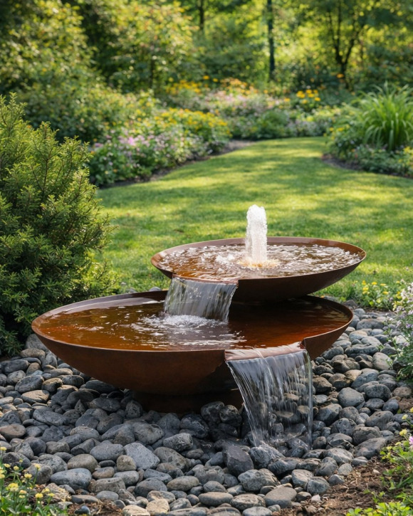 Wasserschalen Duo Ø80/60cm mit Wasserfall Cortenstahl Gartenbrunnen Springbrunnen Komplettset