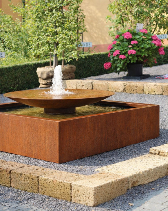 Cortenstahl Wasserschale 120 mit Fontäne Edelrost Springbrunnen Gartenbrunnen Komplettset
