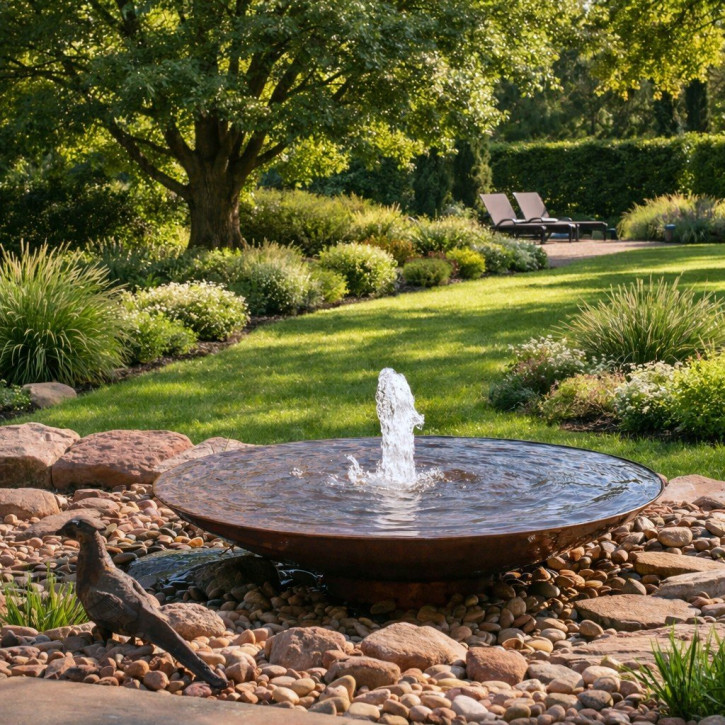 Cortenstahl Wasserschale 120 mit Fontäne Edelrost Springbrunnen Komplettset