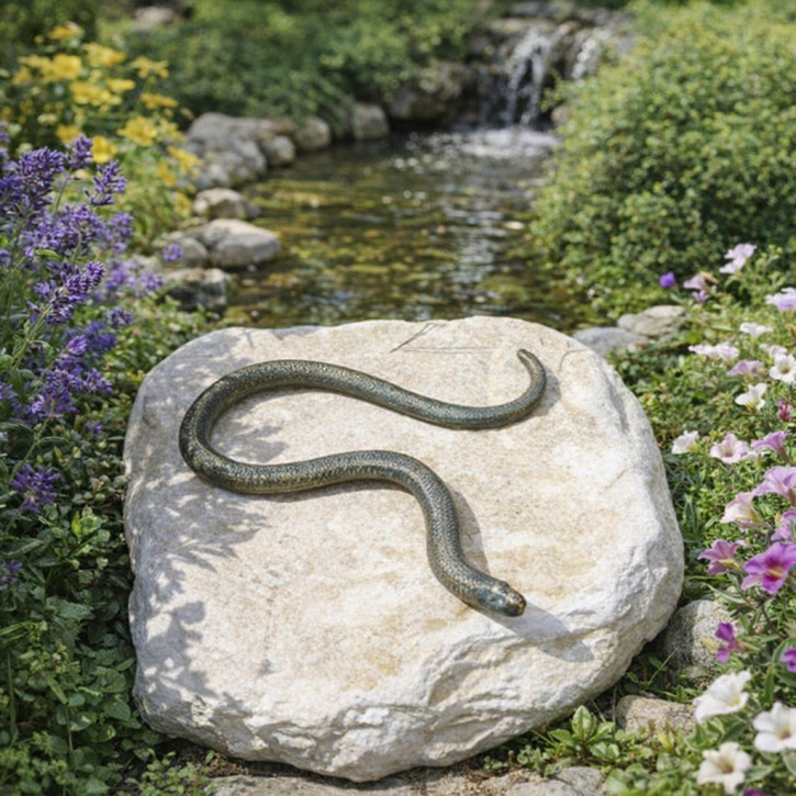Bronzefigur Blindschleiche auf Flusskiesel Bronze Gartenfigur Rottenecker