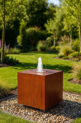 Cortenstahl Würfel 80 mit Fontäne Schwebeoptik Edelrost Gartenbrunnen Springbrunnen