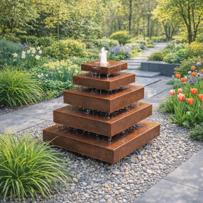 Cortenstahl Pyramide 85cm Edelrost Gartenbrunnen Springbrunnen Komplettset
