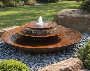Cortenstahl Wasserschalen Kaskade Trio Ø150cm mit Fontäne Edelrost Springbrunnen Komplettset