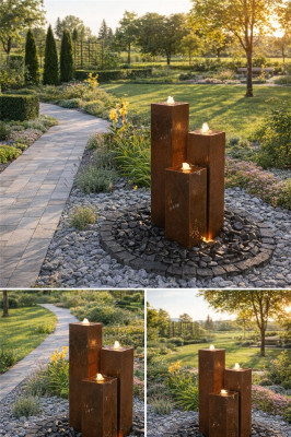 Cortenstahl Säulen Trio 100/20 Edelrost Gartenbrunnen Springbrunnen Komplettset