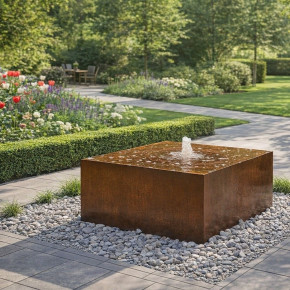 Cortenstahl Quader 100/45cm mit Quellschale Edelrost Gartenbrunnen Springbrunnen
